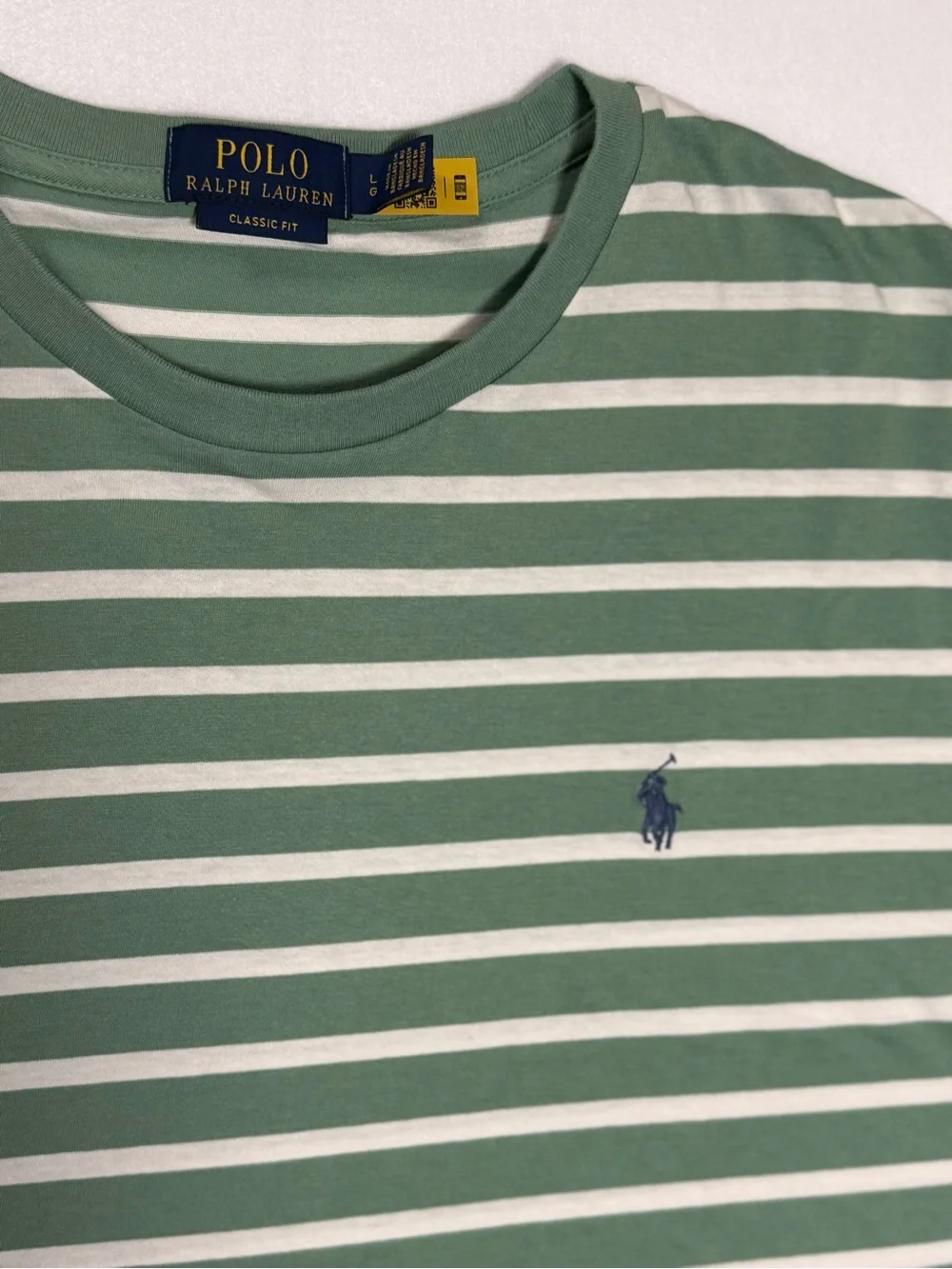 Polo by Ralph Lauren Green and White Striped Crew Tee with Blue Pony